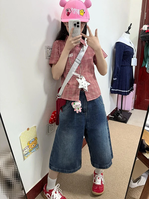 Jeans de mujer estilo americano vintage lavado, nuevos de verano, holgados de pierna ancha, shorts 7/5, shorts 6/5, shorts 8/5