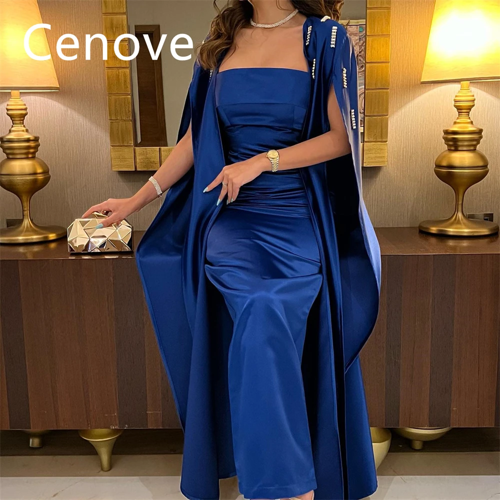 

Cenove Blue Strapless Prom Dress Ankle-Length With Shawl SleevesEvening Summer Party Dress For Women2023