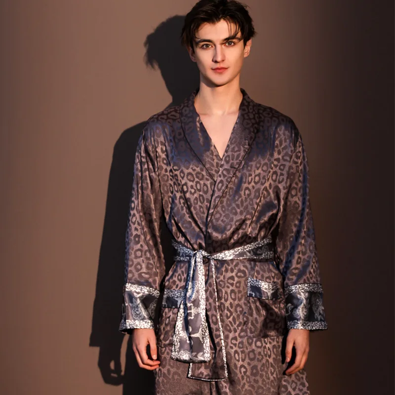 Deep Grey Men Robe Leopard Jacquard Kimono Bathrobe Spring Summer Long Sleeve Sleepwear Lounge Wear Loose Casual Satin Homewear