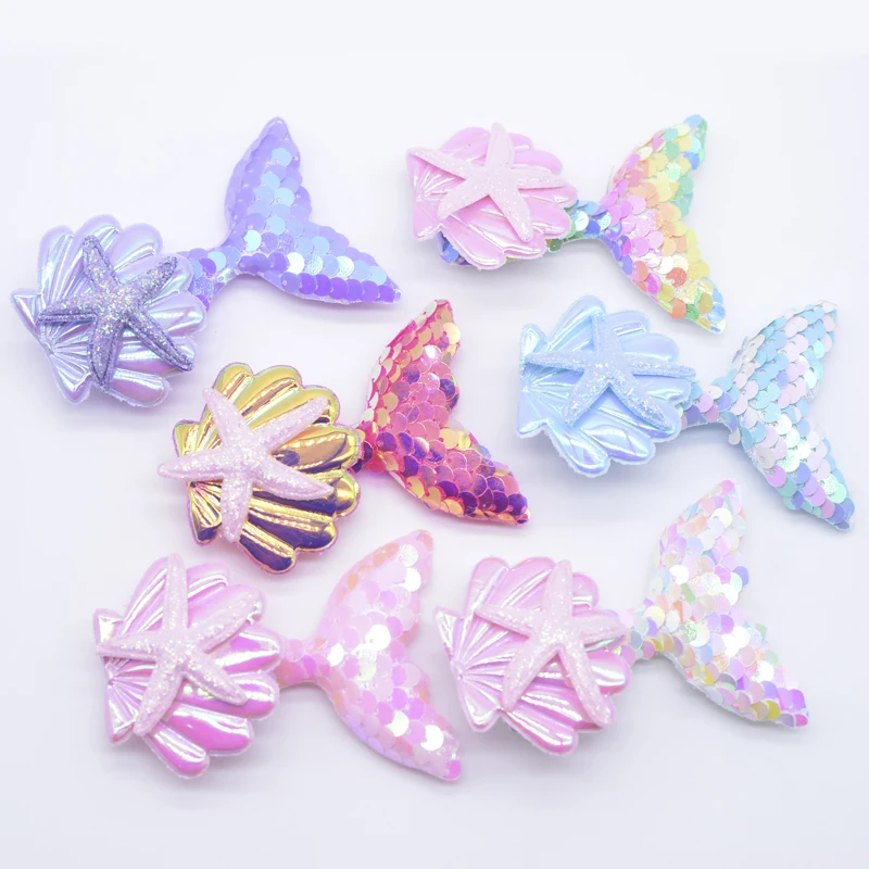 75*58mm Padded Sequins Mermaid Tail Shell Starfish Appliques for DIY Headwear Hair Band Clips Decor Clothes Hat Sewing Patches