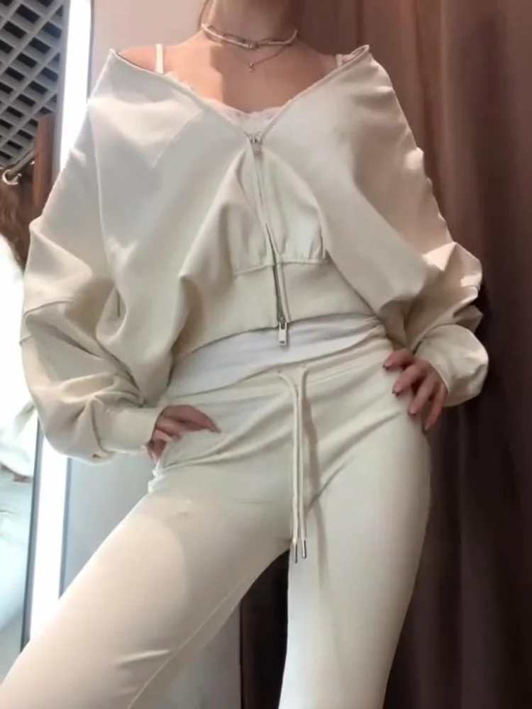 

Повседневная куртка с рукавами «летучая мышь» и брюками, женский комплект с круглым вырезом на молнии, однотонное пальто, расклешенные брюки, женский модный женский костюм из 2 предметов 2024 года, новый