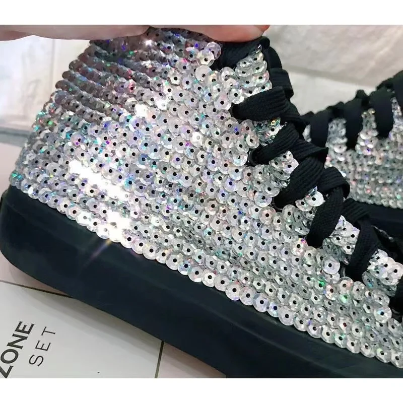 Black Canvas Brand Women\'s Shiny Shoes Spring Autumn New Casual handtailor Silver Golden Sparkle Shoe Sneakers 40