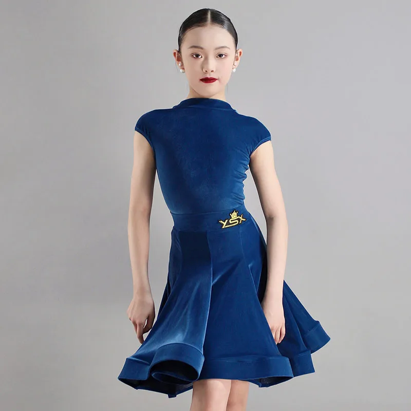 Retro Blue Color Velvet Latin Dance Clothes Girls Competition Dress Short Sleeves Kids Cha Cha Ballroom Dance Dress  DNV20422