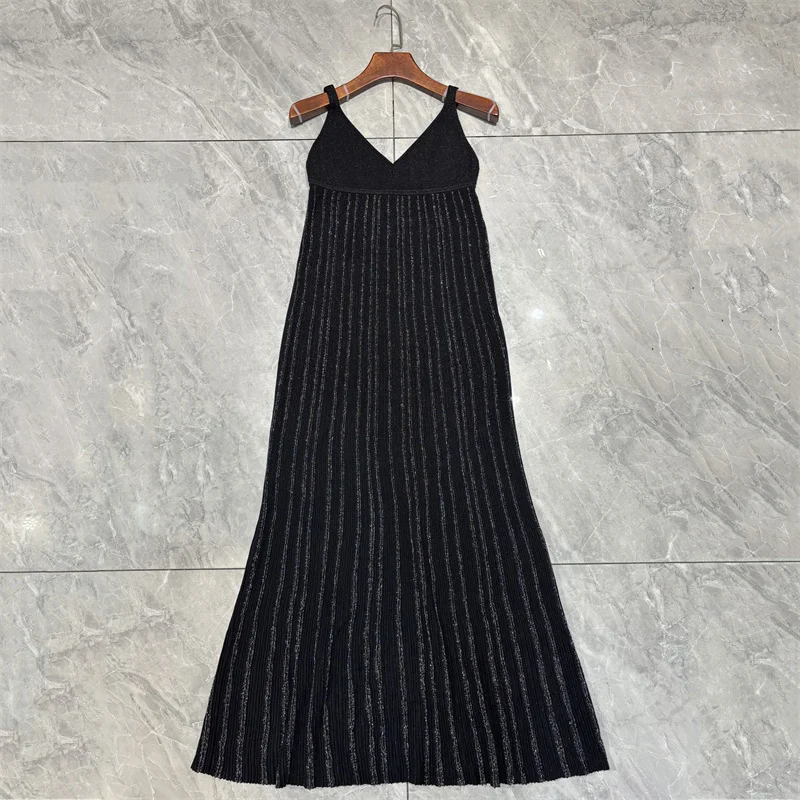 Women's dress New elastic knitted slim fit sleeveless dress for spring 2026 Metal yarn blend suspender long dress party dresses