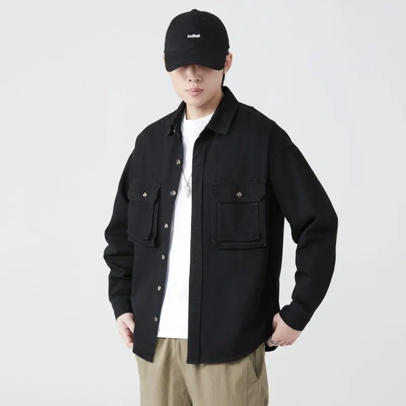 القطن الخالص الأدوات قمصان الرجال ربيع الخريف الشارع الشهير خمر موضة عادية فضفاض كم طويل أبلى البضائع سترة بلوزة جديد #2