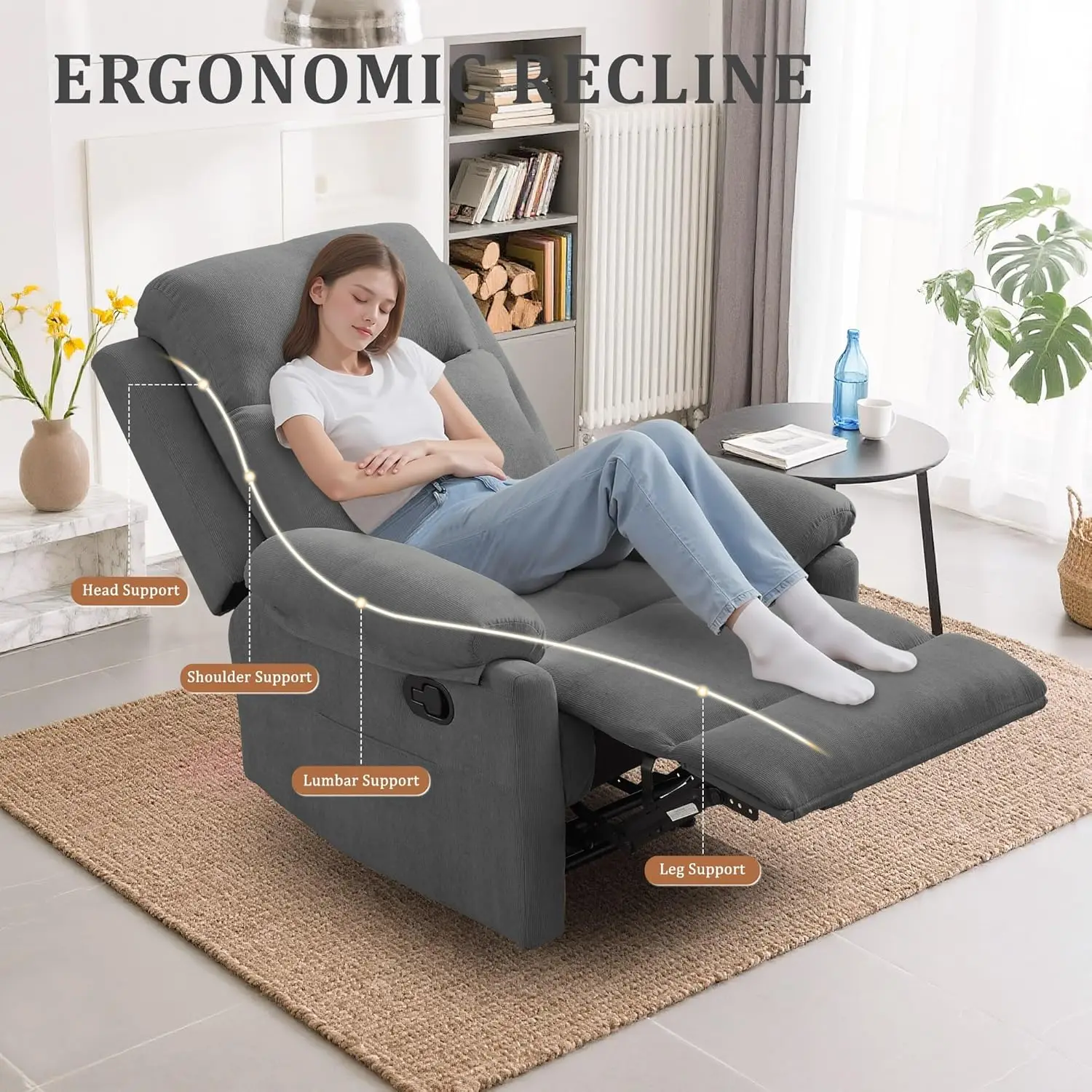 Grey Comfy Adjus  Corduroy Manual Recliner Chair with Side Storage Pocket for Small Spaces Bedroom Living Room