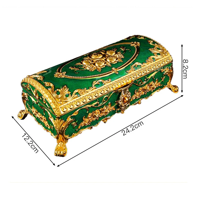 Retro Zinc Alloy Rose Jewelry Storage Box Creative Metal Rectangle Trinket Ring Necklace Organizer Storage Box