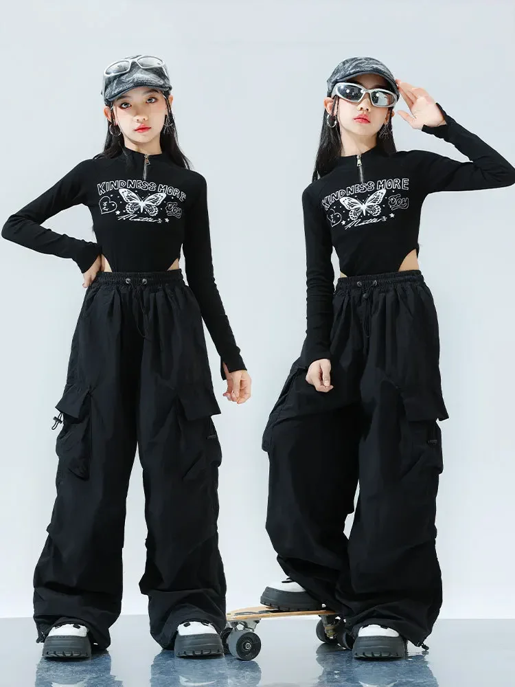 

Одежда в стиле хип-хоп для девочек, черные топы с принтом бабочки, уличная одежда, брюки-карго для детей, танцевальный костюм, одежда