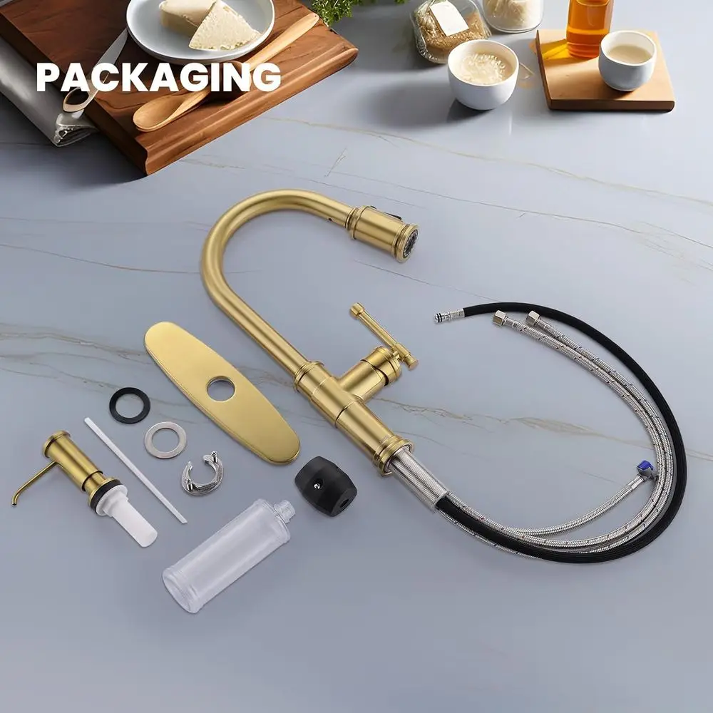 Torneira de cozinha de arco alto com alça única com pulverizador de 3 modos, dispensador de sabão e placa de deck em acabamento em ouro escovado/latão - DAY-APS