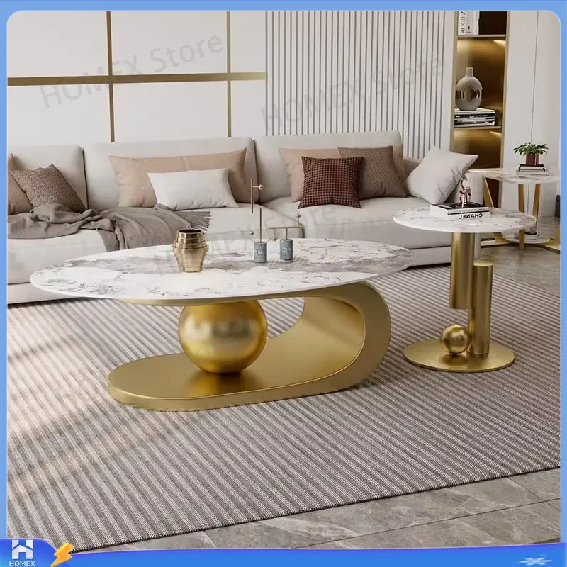 Luxury Marble Coffee Table Gold Metal Base Modern Oval Center Table with Side Table Set Living Room Furniture Home Decor