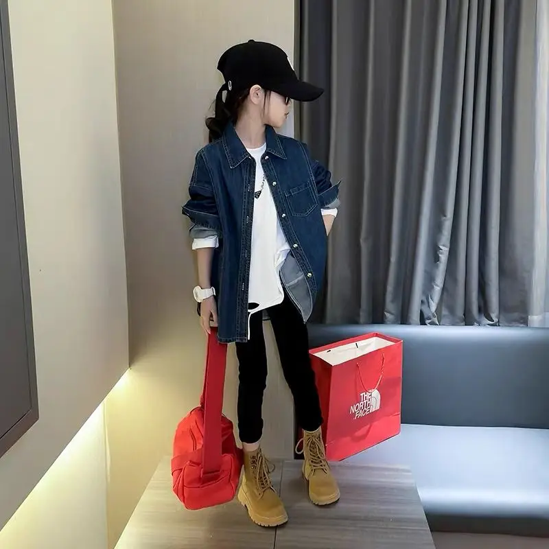 5-14Years Kids Denim Jackets for Girls Button Turn Down Collar Jean Jacket Teens Autumn Outwear Coat 6 7 8 9 10 11 12 13 14