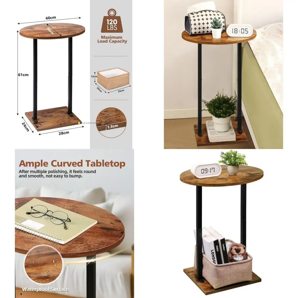 

24 Round Wooden End Table with Fabric Basket for Compact Spaces: Rustic Accent Table for Living Room & Bedroom