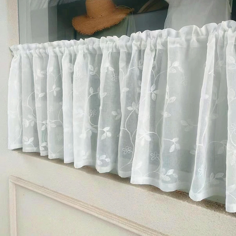 

White Sheer Curtains Embroidered Leaves Pattern Rod Pockets Faux Linen Floral Semi Sheer Voile Window Curtain Drapes for Bedroom