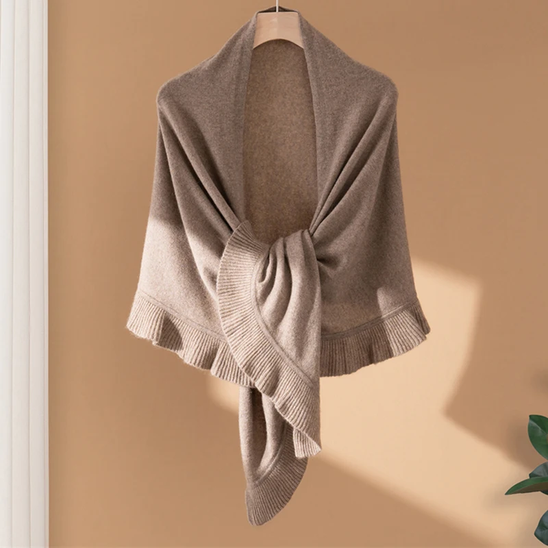 KOIJINSKY 35% Cashmere Ruffle Trim Knitted Shawl Scarf 170×50cm, Solid Color Soft Knit Cape Wrap, Elegant Neck Shoulder Cover Fo