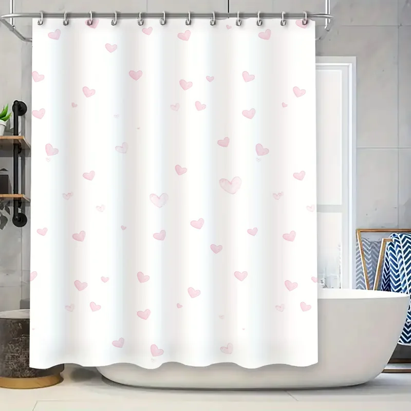 White Heart Shower Curtain Pink Love Print, Bath Decoration, Tub Liner Set for Home Decor (128 characters)