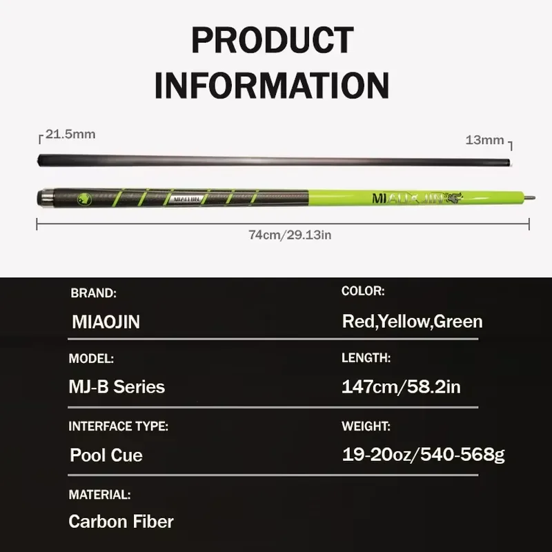 Wholesale Miaojin Handmade Super Pro Taper Carbon Fiber Pool Cue 12.9mm Stainless Steel Tip 1/2 Split 2-Piece 19oz High