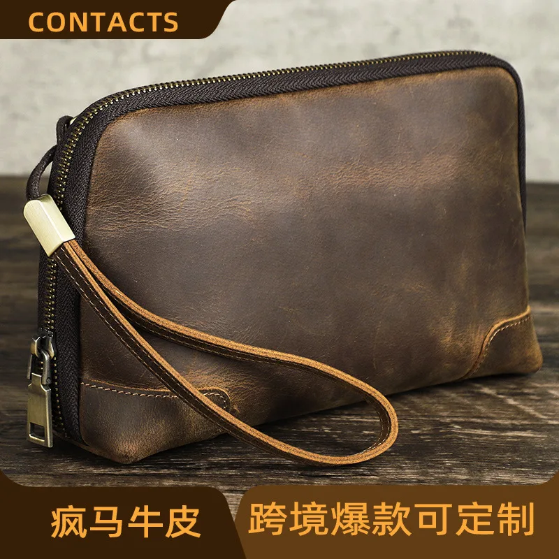 

HTS-MC1034 Retro Crazy Horse Leather Multi Functional Storage Bag with Wrist Strap and Genuine Leather Men's Handbag