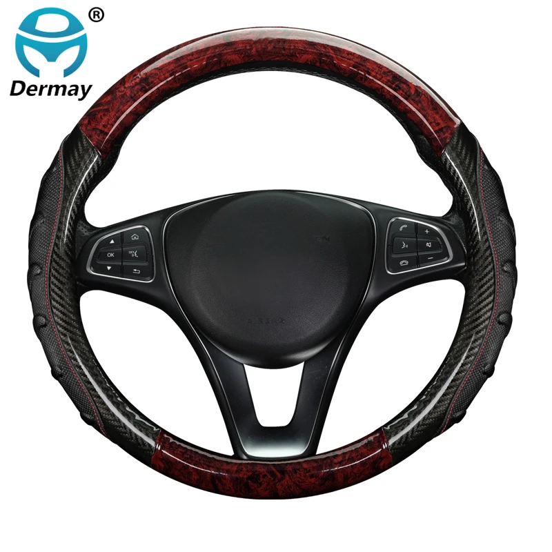 Large Size Steering Wheel Cover for Car Bus Truck 36cm 38cm 40cm 42cm 45cm 47cm 50cm Pu Leather New Faux Peach Wood Black/Red