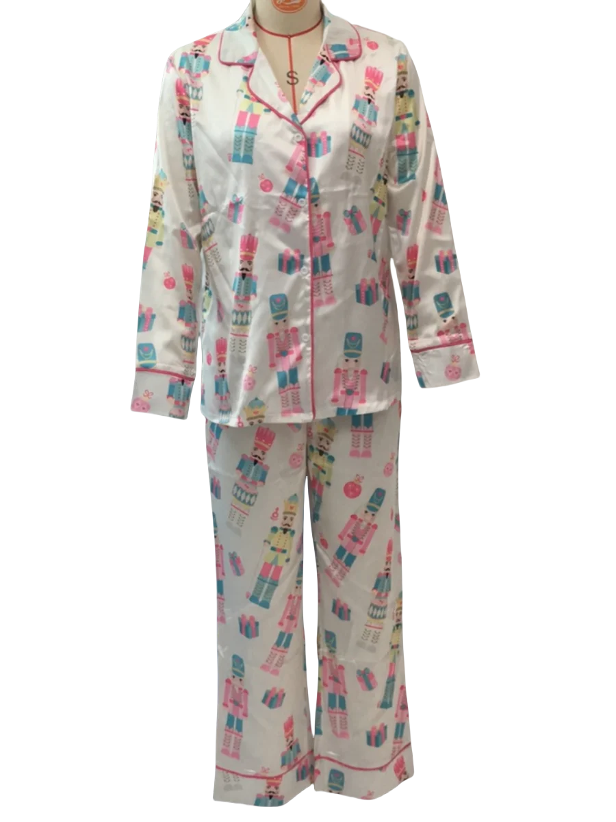 Womens Silk Satin Pajama Set Y2k Christmas Nutcracker Long Sleeve Shirt Tops and Wide Leg Pants Sleepwear