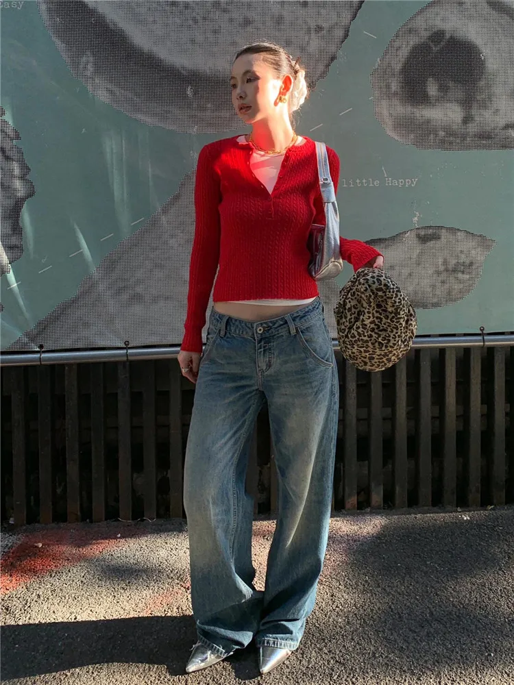 

American Retro Low Waist Straight Leg Jeans Women's Spring Autumn Loose Slimming Drapey Tall Extended Length Spicy Wide Leg P...