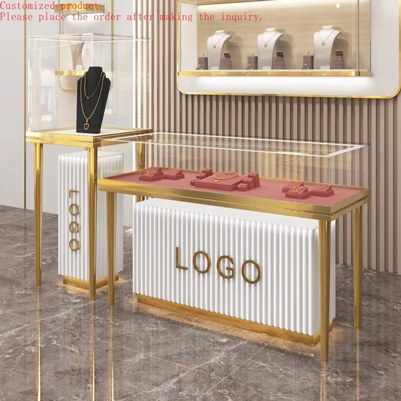 

Custom.Metal Stand Display Cabinet with Glass Counter Jewelry Showcase for Shop Elegant Storefront Jewelry Display Showcase