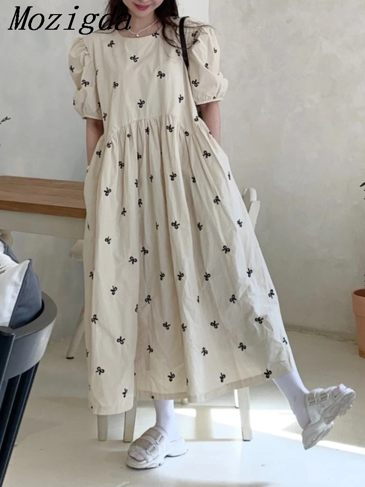 

Summer Long Dress Women Bow Embroidery Fashion Sweet Puff Short Sleeve Ladies Dresses Ruffle Loose Korean Pleated Woman Dress