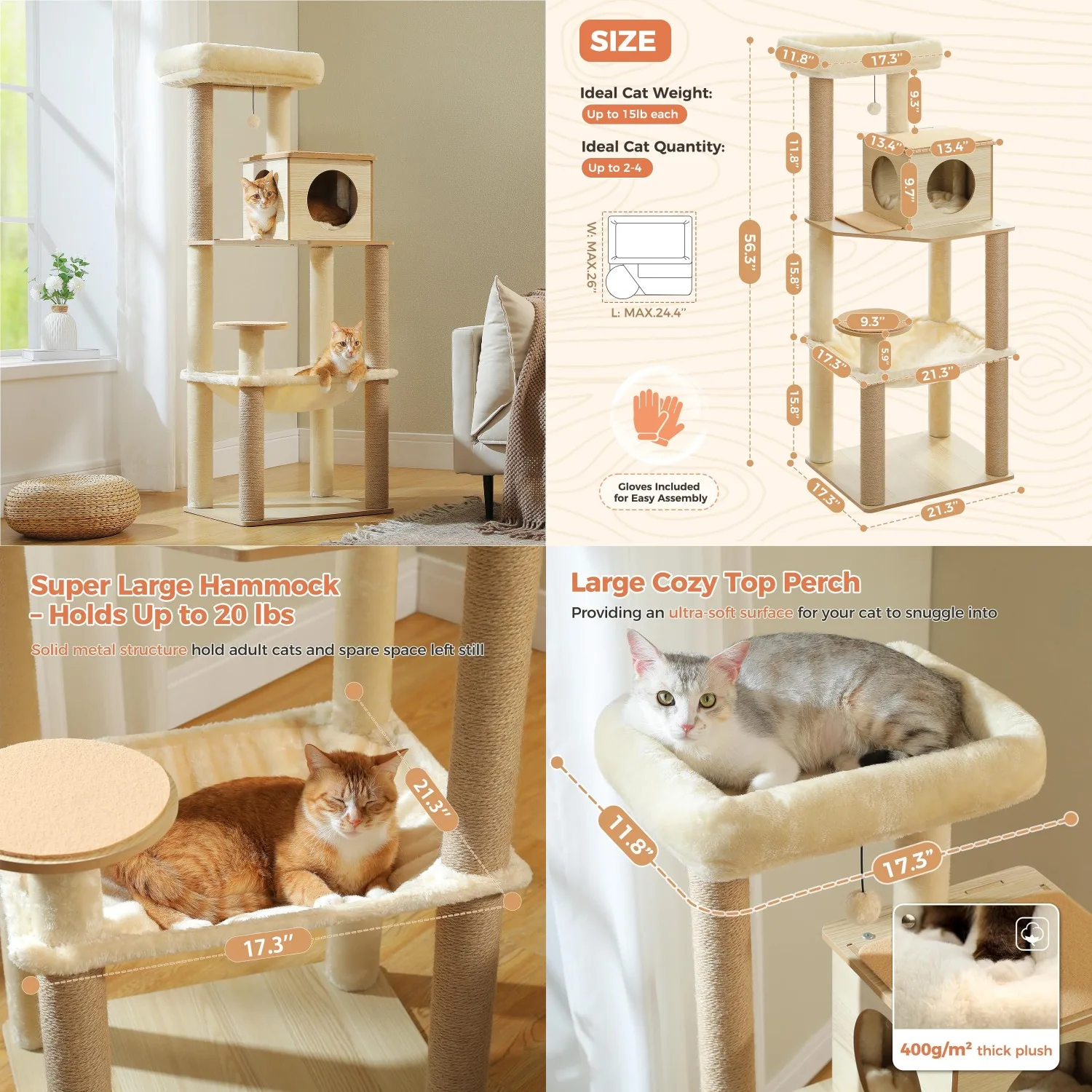 

Wooden Cat Tree, 56.3-Inch Modern Cat Tower for Indoor Cats Large Adult, Multi-Level Cat Condo with Large Hammock,, Customized