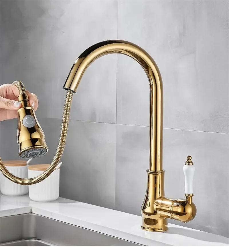 Gold Pull Out Kitchen Faucets Chrome Single Handle Brass Kitchen Faucet Sink Tap Single Hole Rotating Water Mixer Tap Mixer Tap