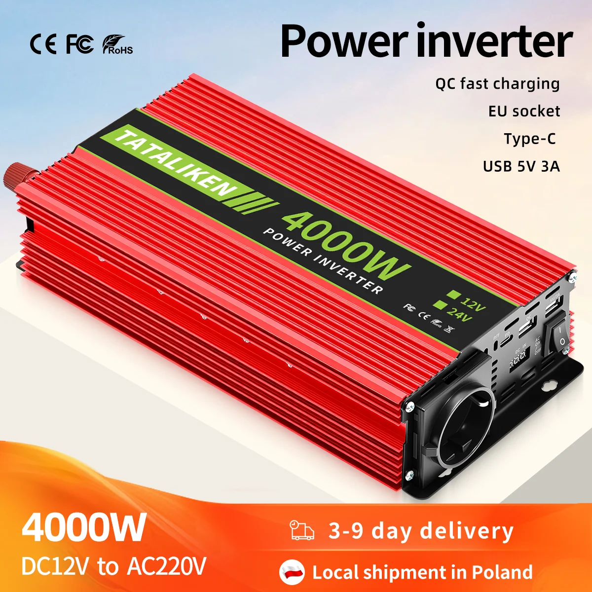 Image of EU-Stecker Tataliken 4000W Modifizierter Sinuswellen-Wechselrichter 12V/24V DC zu 220V AC Rot und Schwarz Optional Stromwandler für Auto LKW O