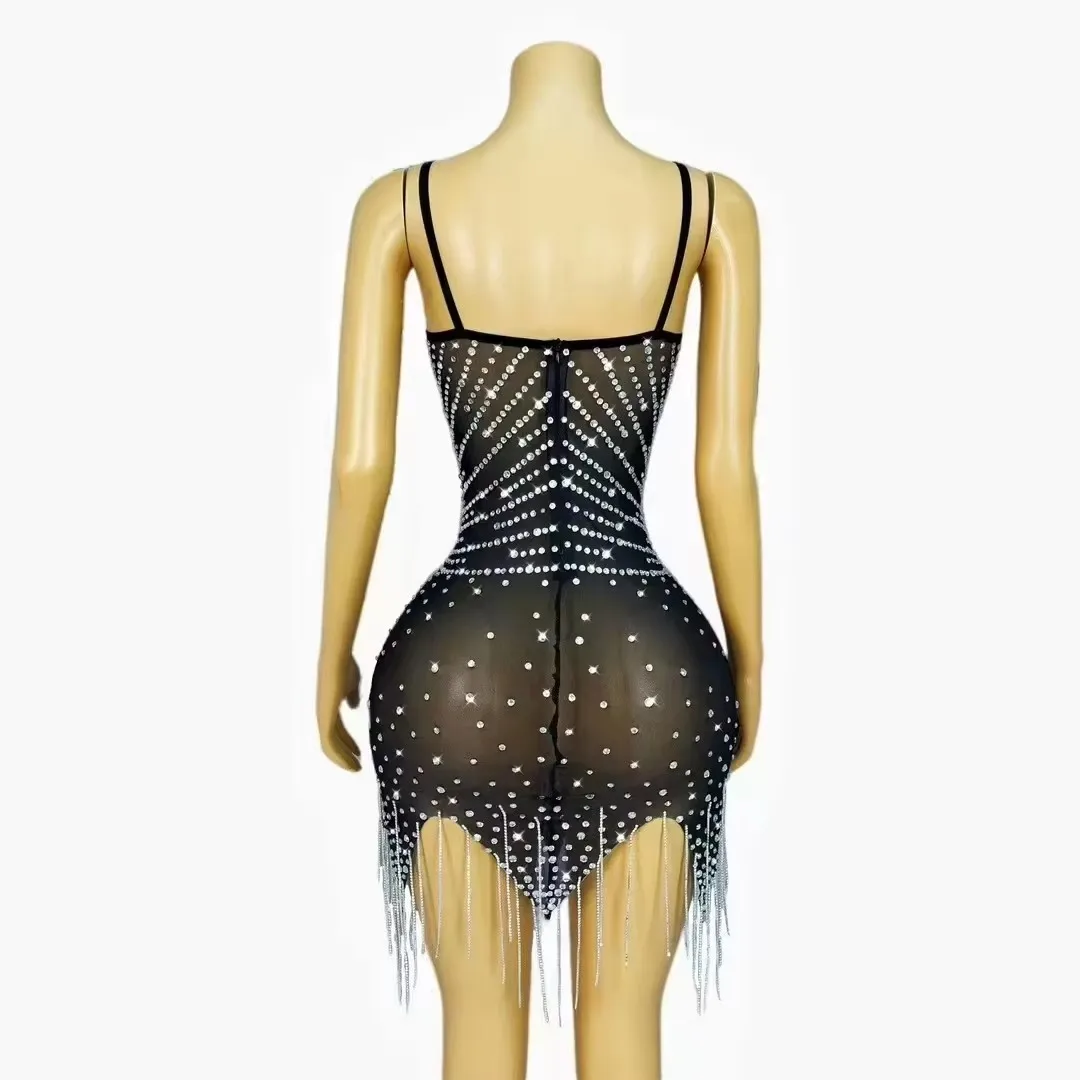 Fringe Sling Short Dress Sexy Transparent Black Mesh Rhinestones for Women Birthday Party Club Rave Outfit Singer Stage Costume