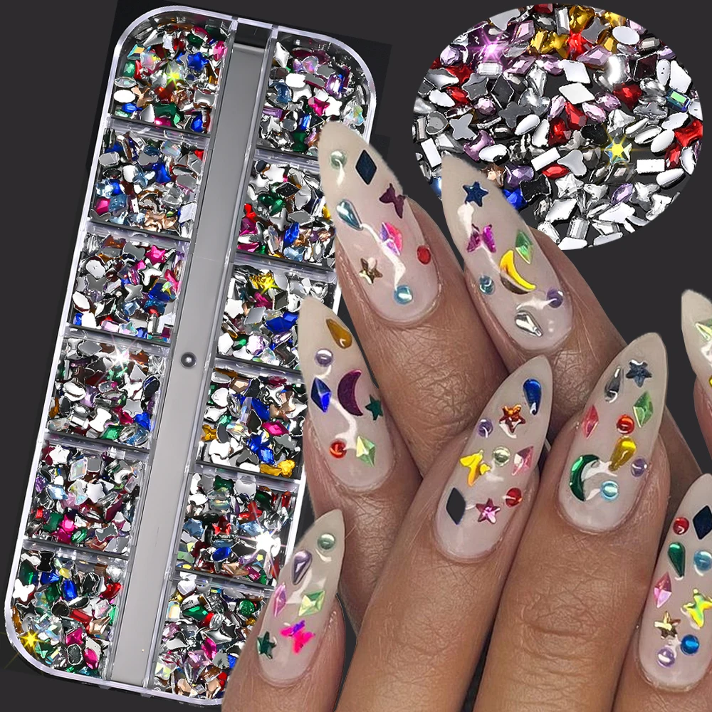 12칸 혼합 3D 미니 네일 라인스톤 아트 참스 오각형 하트 나비 다이아몬드 네일 젬스 쥬얼리 부품 DIY 매니큐어 장식