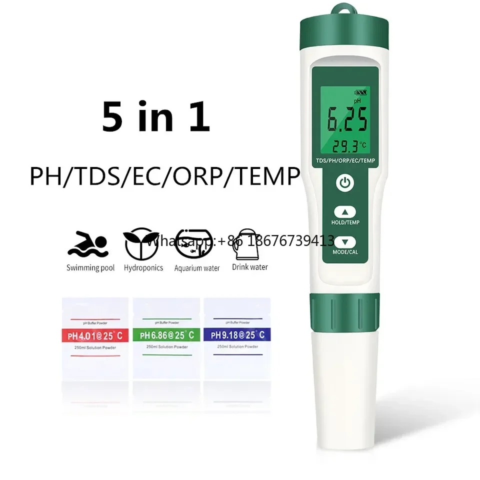 

5 in 1 TDS EC PH ORP Temperature Meter Portable Water Quality Tester Pen 183x37mm for Drinking Water Pools Aquariums