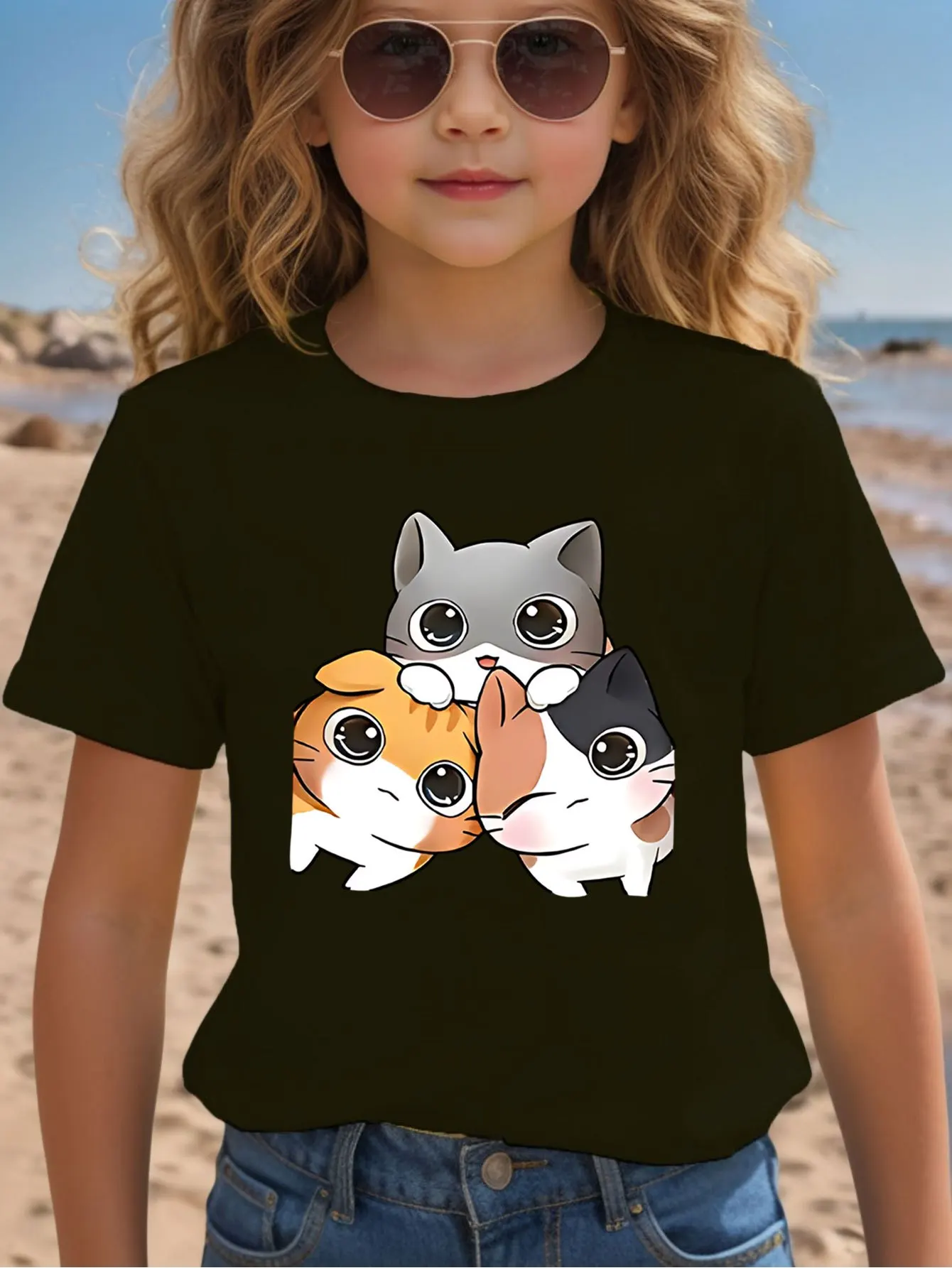 Three Cute Big Eye Kittens Cartoon Kids T Shirt Boys Girls Family Matching Parent Child Summer Crew Neck Children Casual Tee