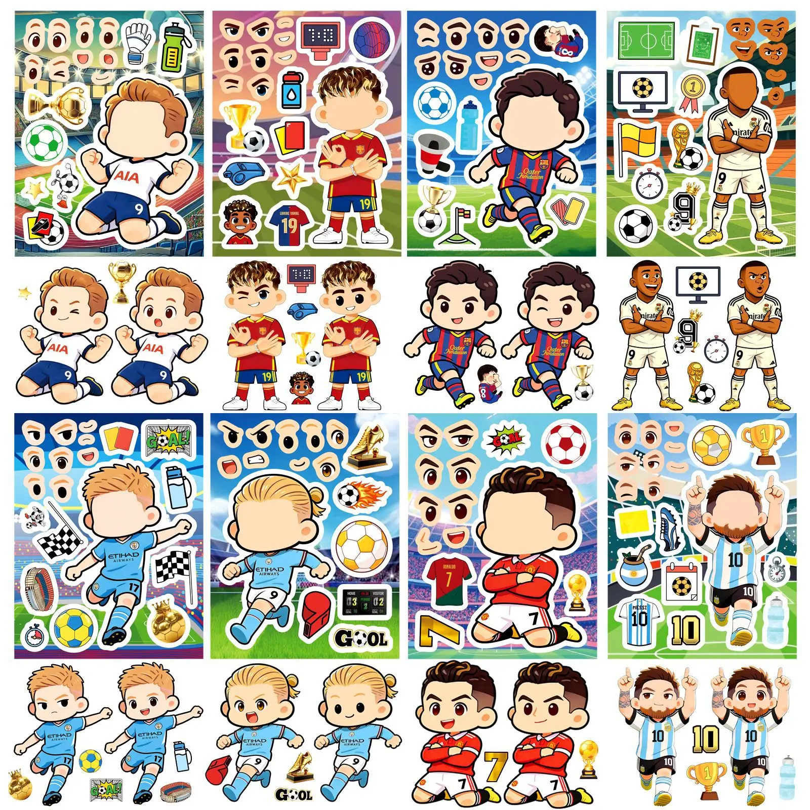 8 autocollants de dessin animé de petits joueurs de football pour créer des visages, DIY éducatif pour tasses, agendas, casques, patins et boîtes de rangement