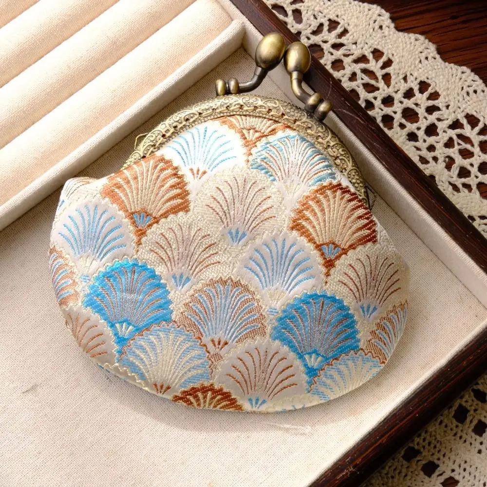 Anti-lost Kiss Lock Coin Purse Polyester Thickened Brocade Mini Pouch Chinese Style Shell-shaped Embroidered Small Pocket