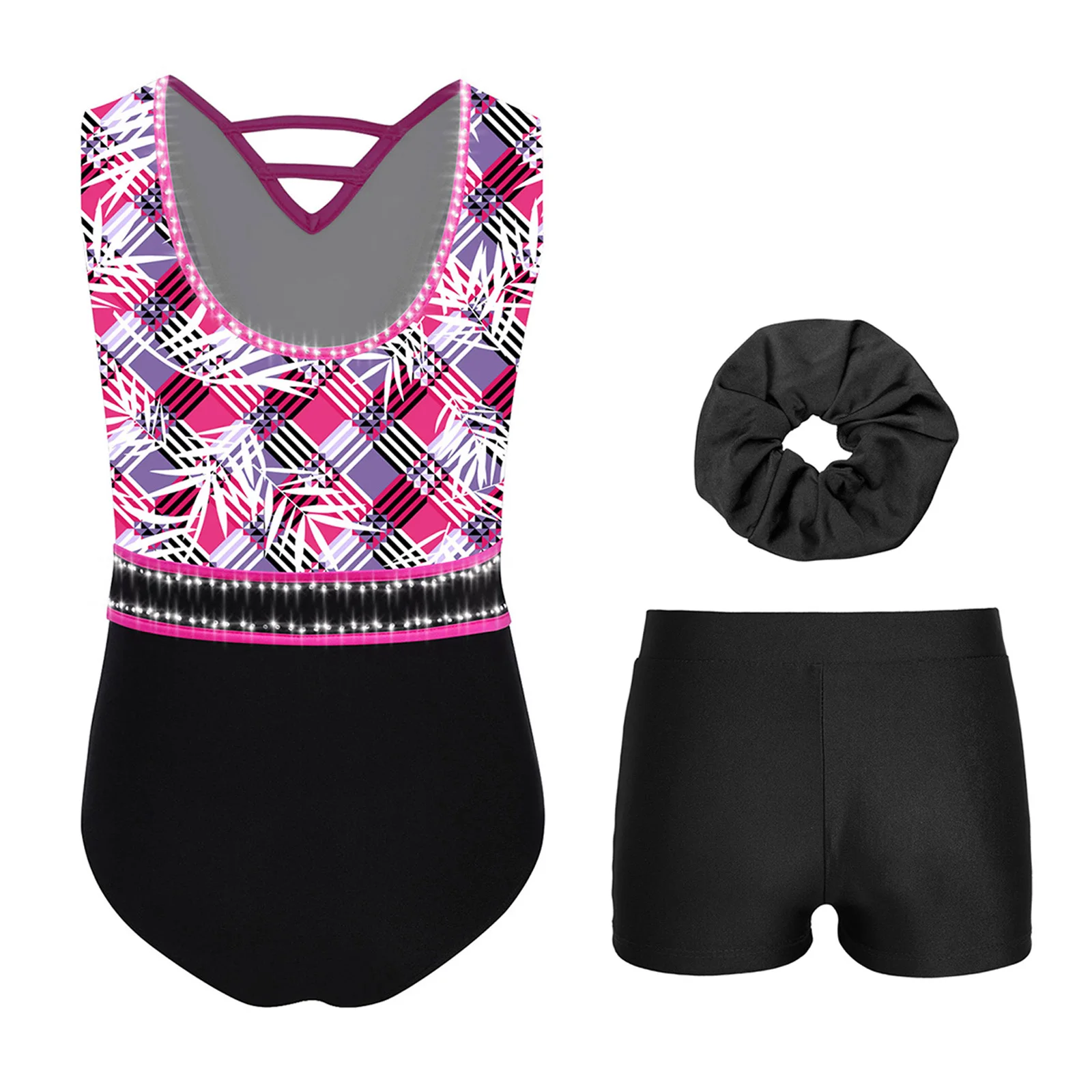 Kids Girls Ballet Dance Sets Gymnastics Outfit U-Back Sleeveless Rhinestone Stylish Printed Leotard with Shorts and Hairband