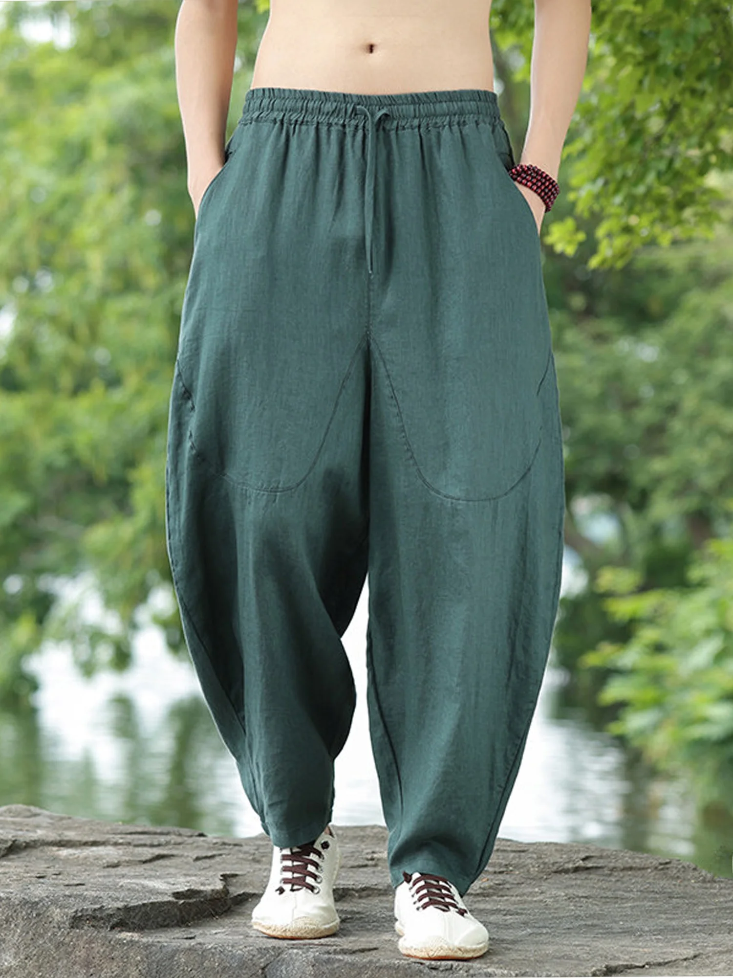 

Мужские брюки-фонарики из 100% чистого льна в стиле Харадзюку, свободного кроя, осенняя новинка, дышащие, удобные, прямые брюки