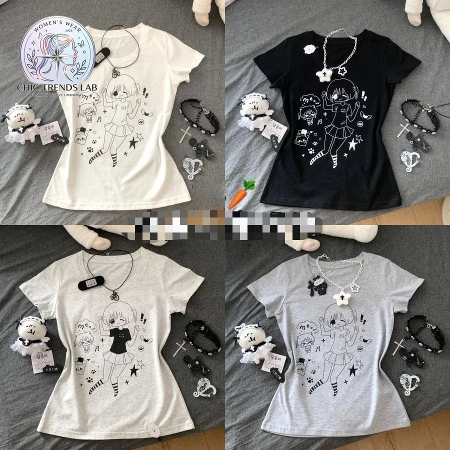 Y2K Anime Graphic Baby Tee Women Harajuku Cute Line Art Print T Shirt J Goth Kawaii Aesthetic Slim Fit Regular Shoulder Tshirt