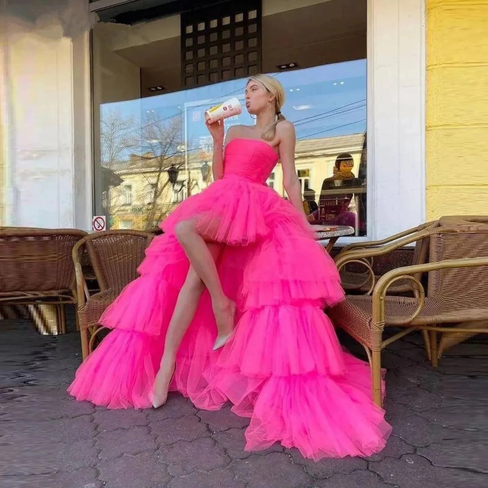 Hot Pink Prom Dresses High Low Strapless Girls Princess Style Birthday Party Dress Tiered Tulle Evening Gowns Floor Length Robe