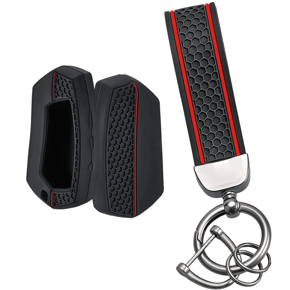 Textured Honeycomb Red Detail Silicone Key Protector With Keychain For Pandora DXL Alarm Remote Control Cover