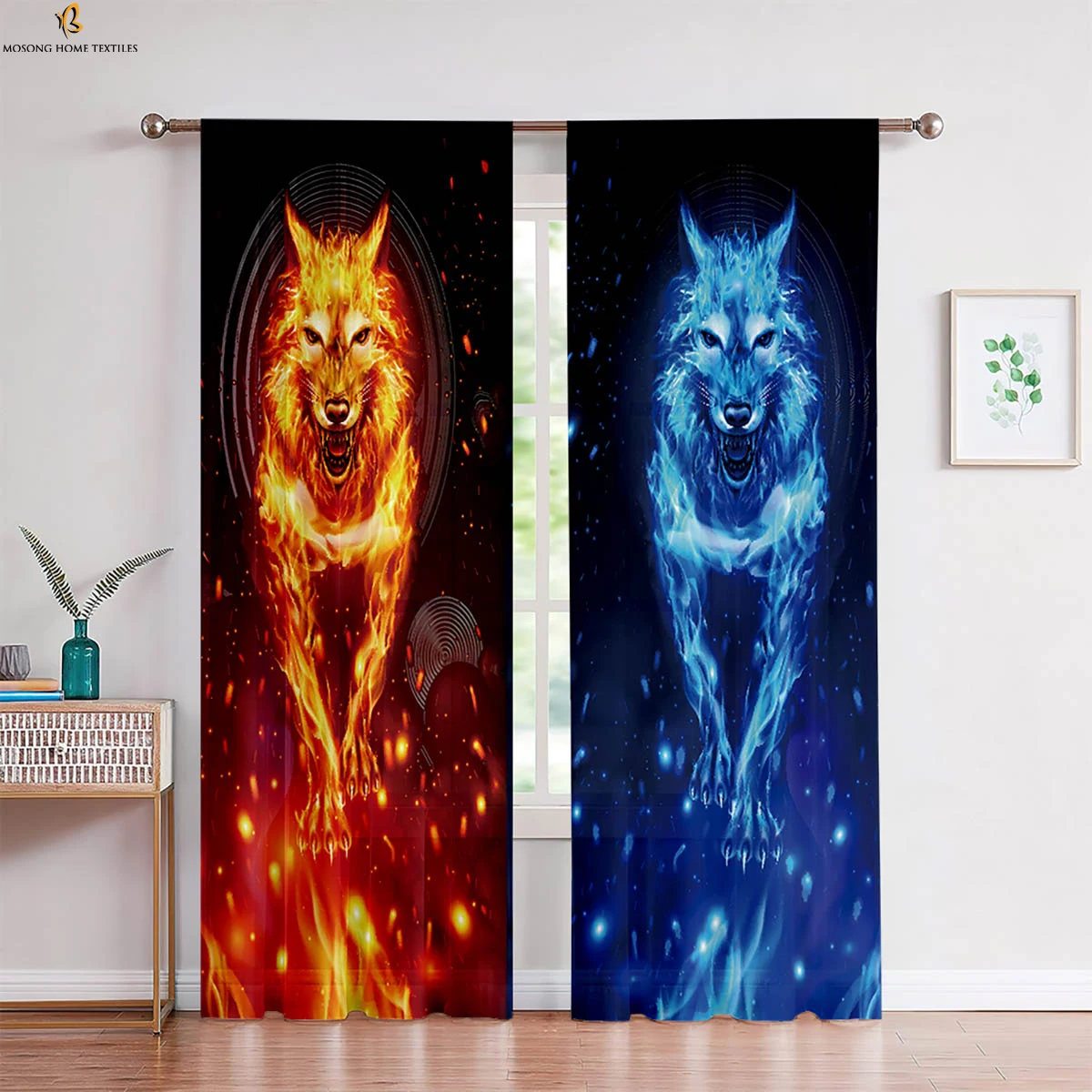 

Water and Fire Polar Wolf 3D Printed Curtain Rod Pocket Window Decoration Curtain Bedroom Living Room Kitchen Curtain 2 Pieces