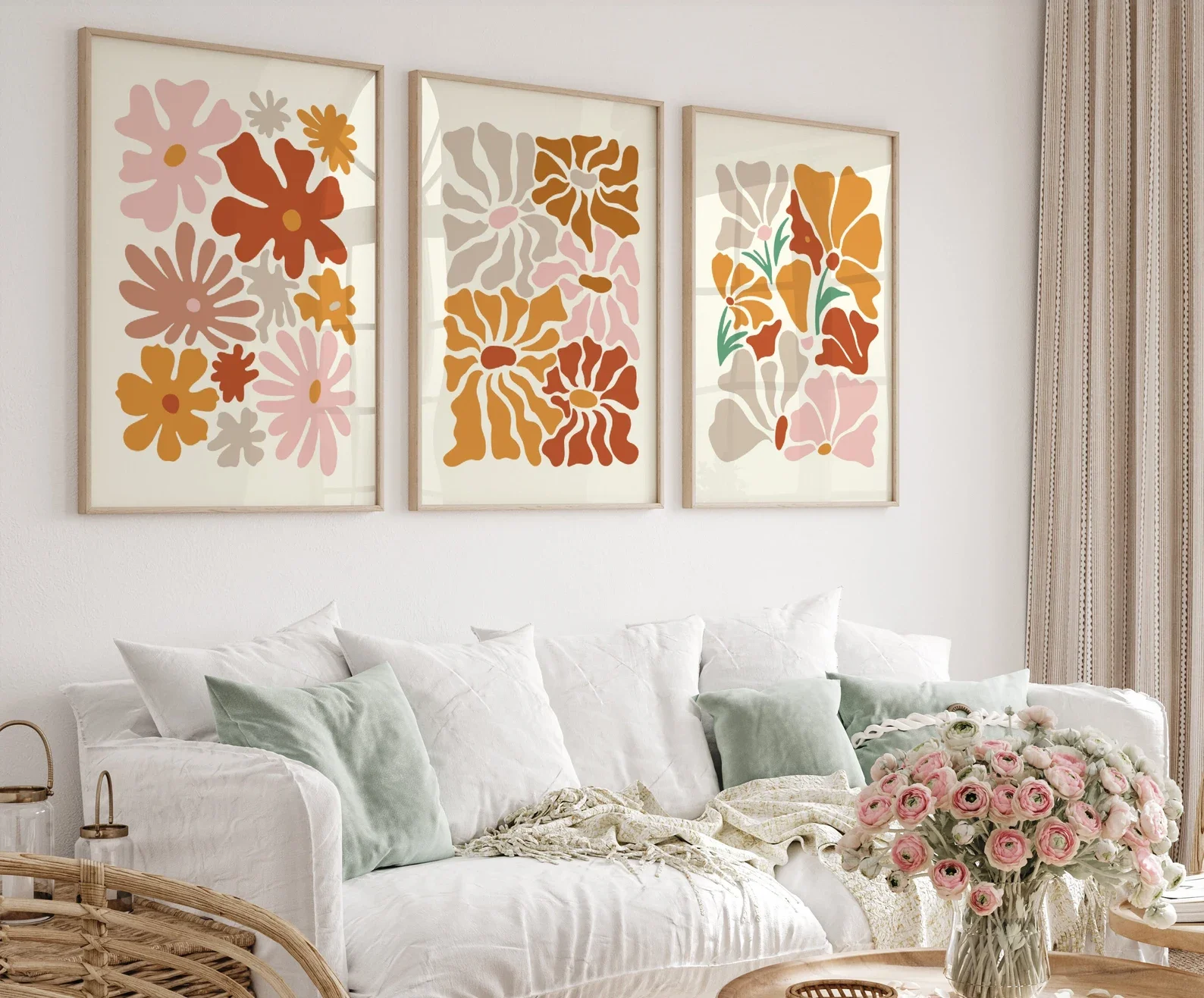 Boho Terracotta Floral Print Set: Wall Art Print Canvas Wall Art Poster for Modern Home Room Living Decor