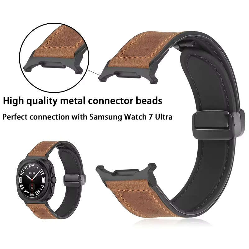 Leather Silicone Strap For Samsung Galaxy Watch Ultra 47mm Quick Fit No Gap Bracelet For Galaxy Watch 7 Ultra 47mm Magnetic Band