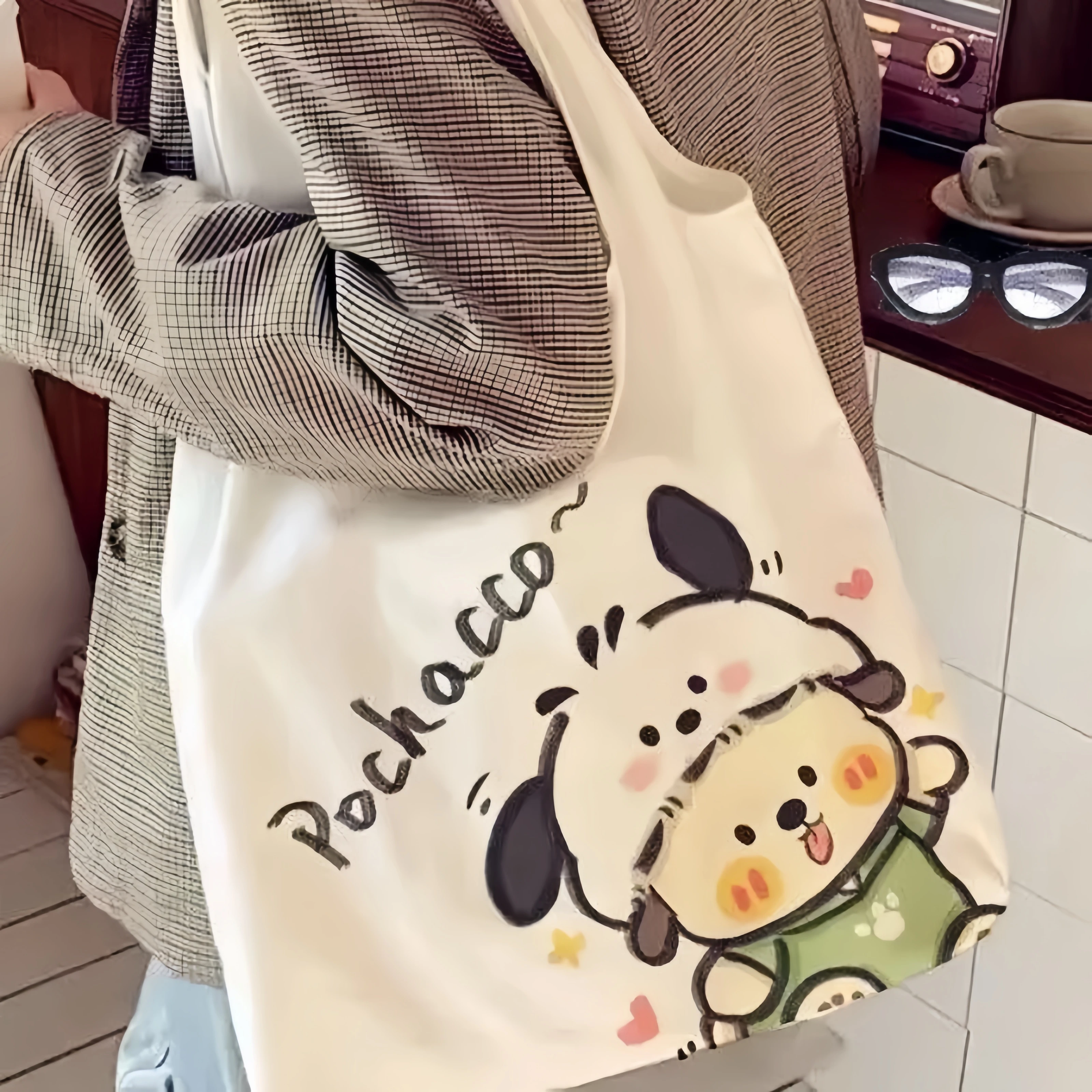 Kawaii Sanrio Pochacco Cute Girl Cartoon Shoulder Bag Retro Large Capacity Student Class Canvas Bag Gift