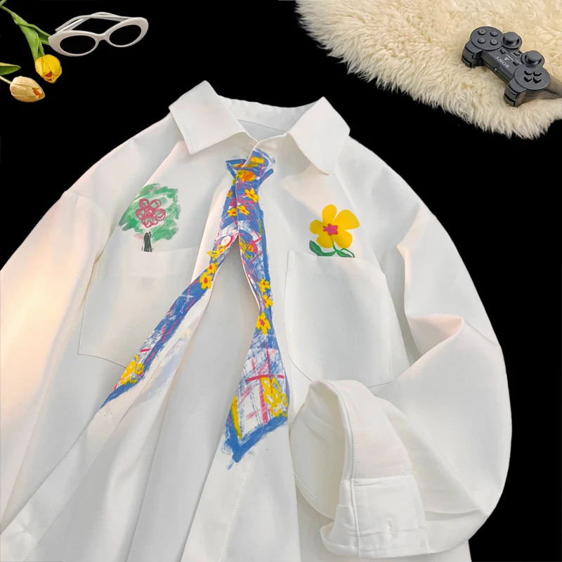 Chic Cartoon Painted Print Long Sleeve Shirt for Men Tie Pattern Design Shirt White Shirt Copule Tee Holiday Beach Clothes
