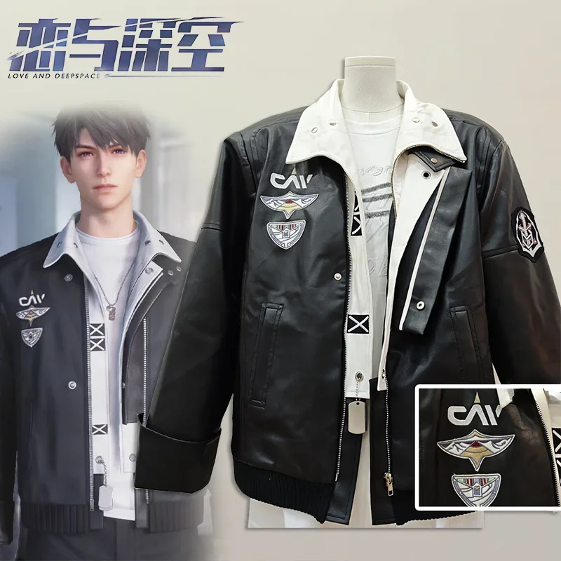 

Game Love and Deepspace Caleb Cosplay Adult Men Costume PU Coat Leather Jacket Deep Aerospace Agency Uniform Halloween Outfits