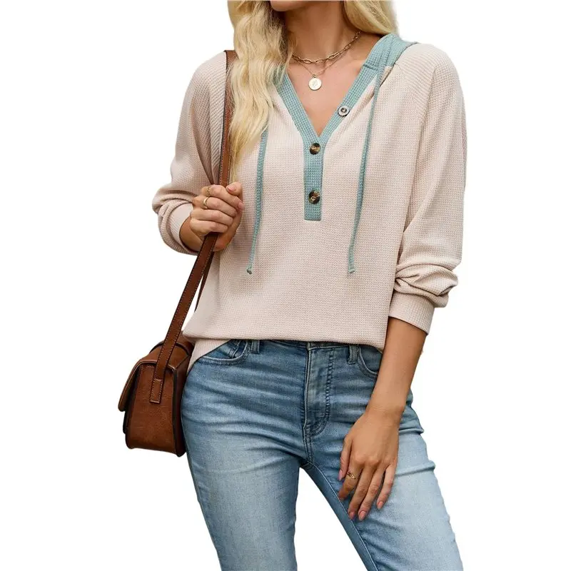 Women's Contrast Drawstring Hood Button Waffle Knit Loose Long Sleeve Top Apricot Color S Eco-Friendly