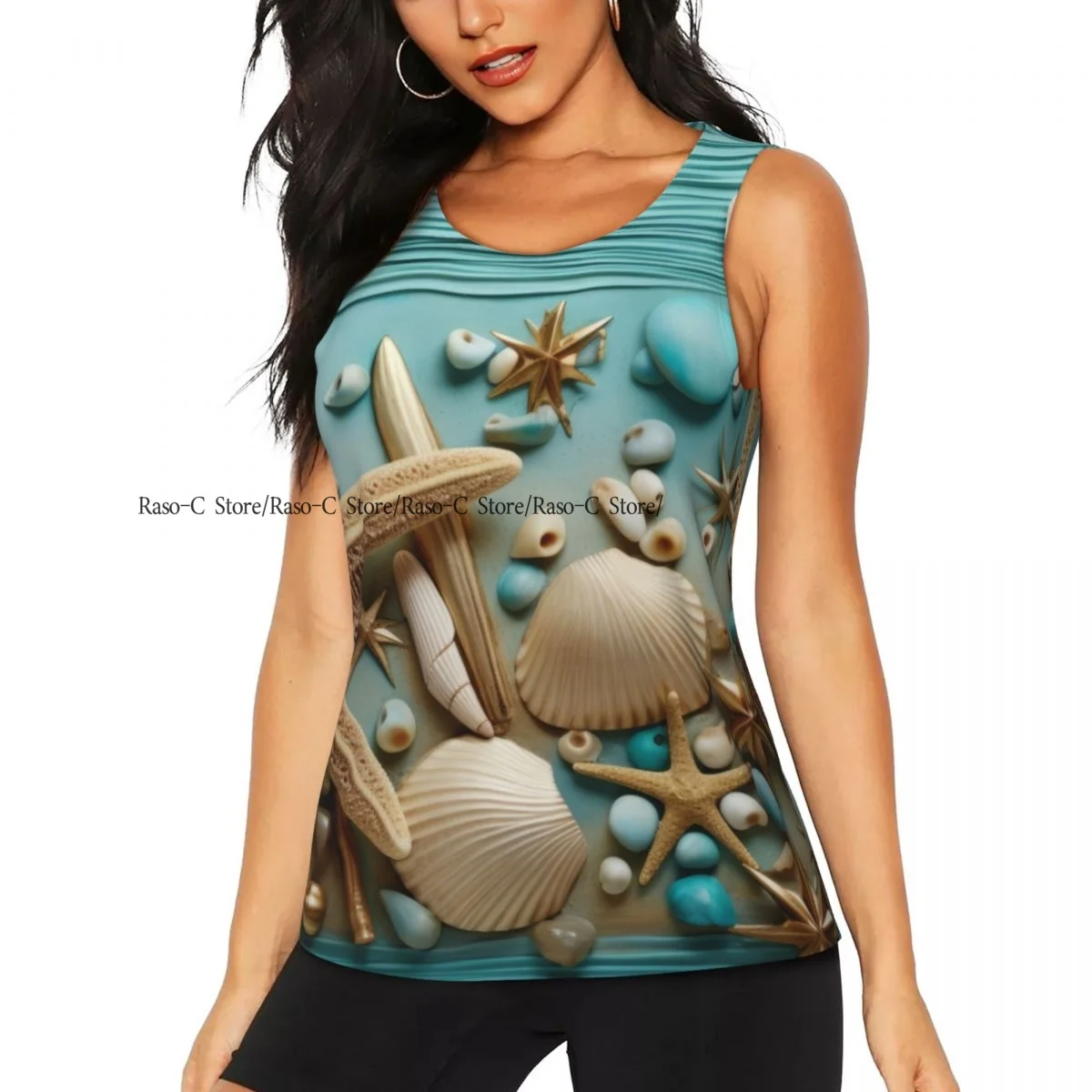 Women Sexy Vest Aquatic Starfish Seashell Sleeveless Round Neck Tank Tops Female Casual Basic Camisole