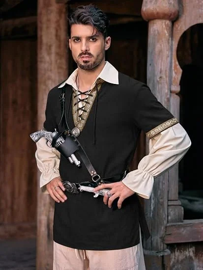 (Without accessories)Mens Medieval Pirate Shirt Cotton Lace Up Renaissance Shirts Viking Retro Scottish Halloween Costume Tops