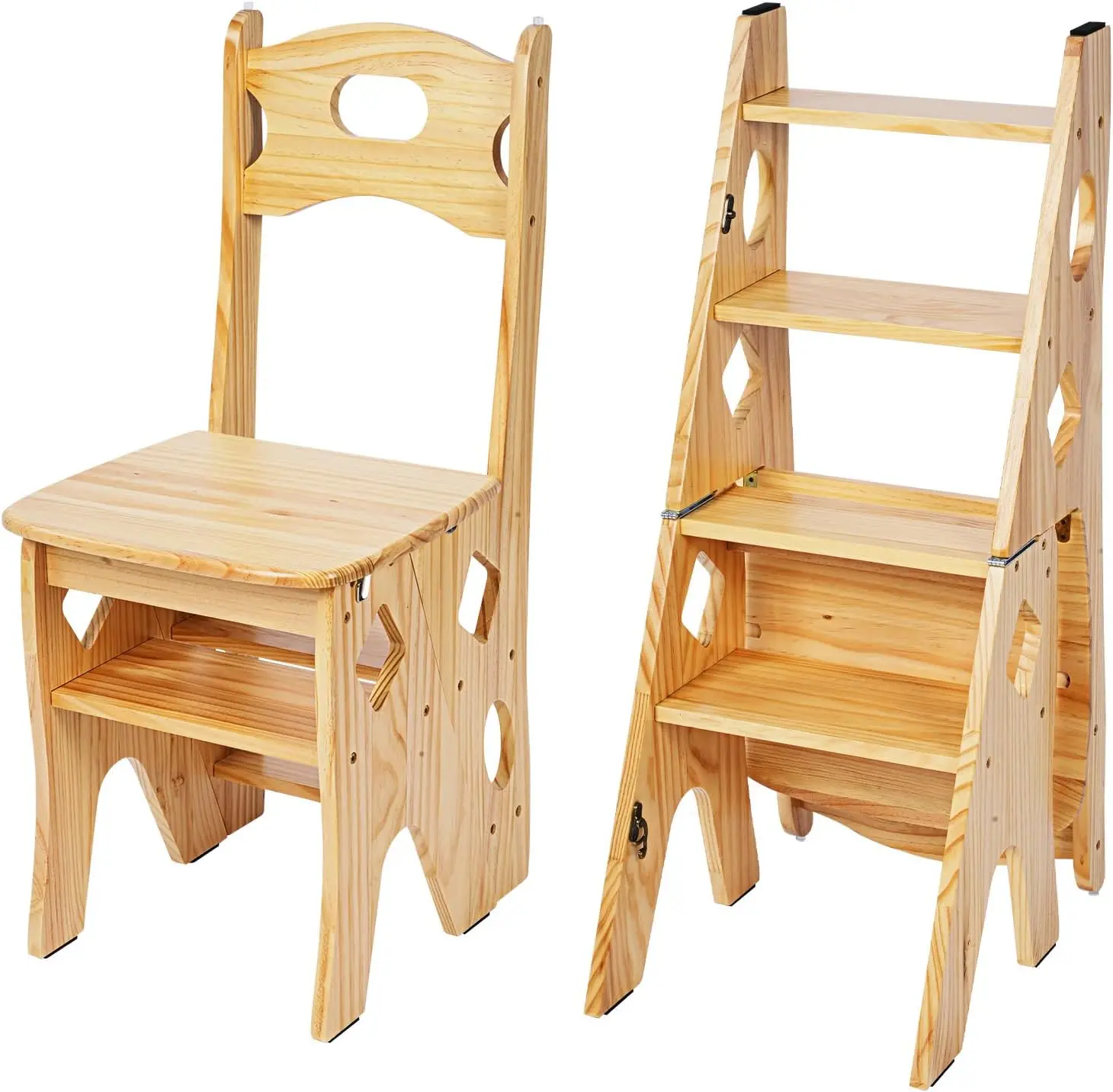 

4 Step Foot Stool Chair 3 in 1 Wooden Library Ladder Solid Folding Portable Wood Display Stand Flower Rack Indoor Stepladder